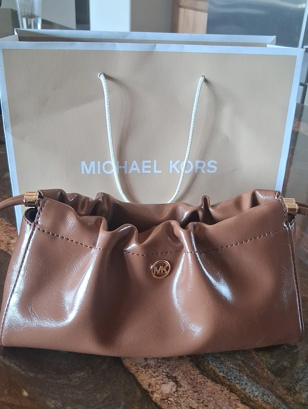 Michael Kors Matilda Cognac Leather Ruched Shoulder Bag with Gold Hardware